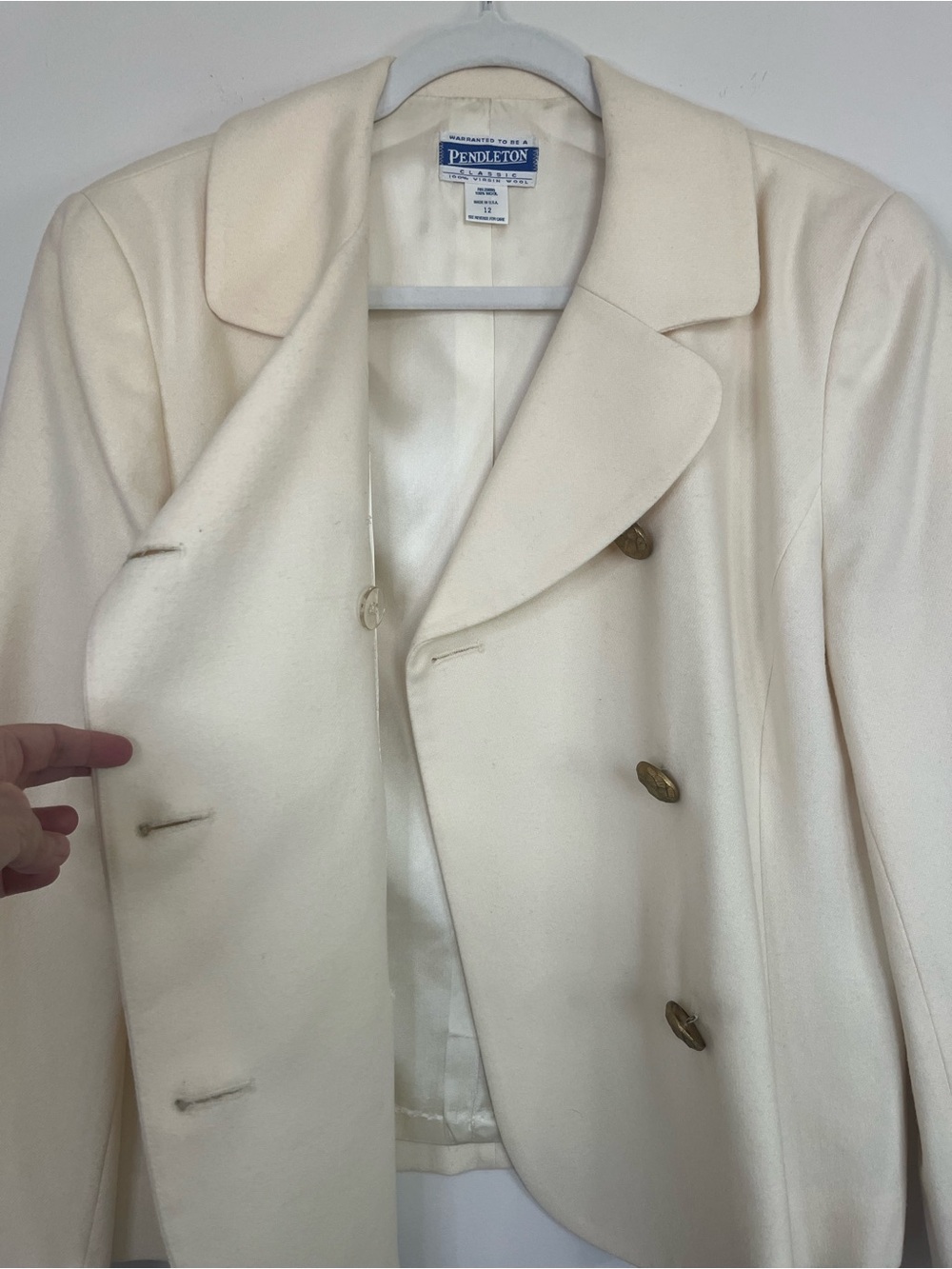 Vintage Pendleton Ivory Wool Double Breasted Blazer Jacket 12 Winter White - Picture 9 of 13